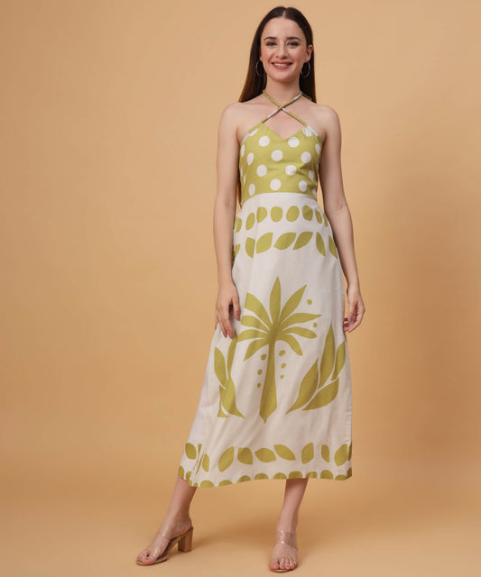 Green graphic palm maxi dress