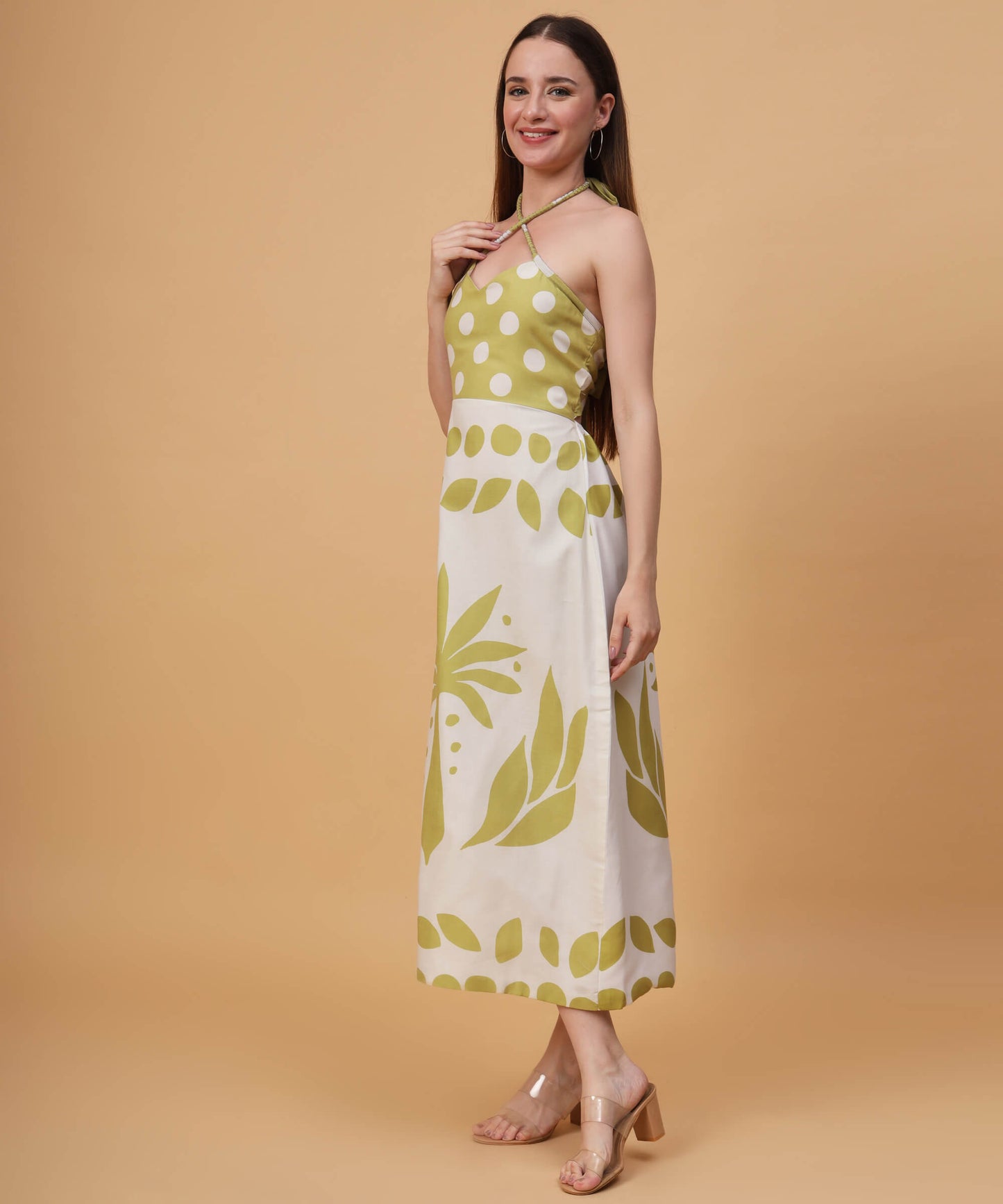 Green graphic palm maxi dress