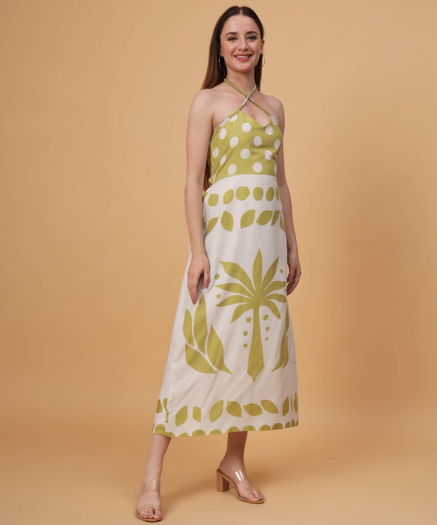 Green graphic palm maxi dress