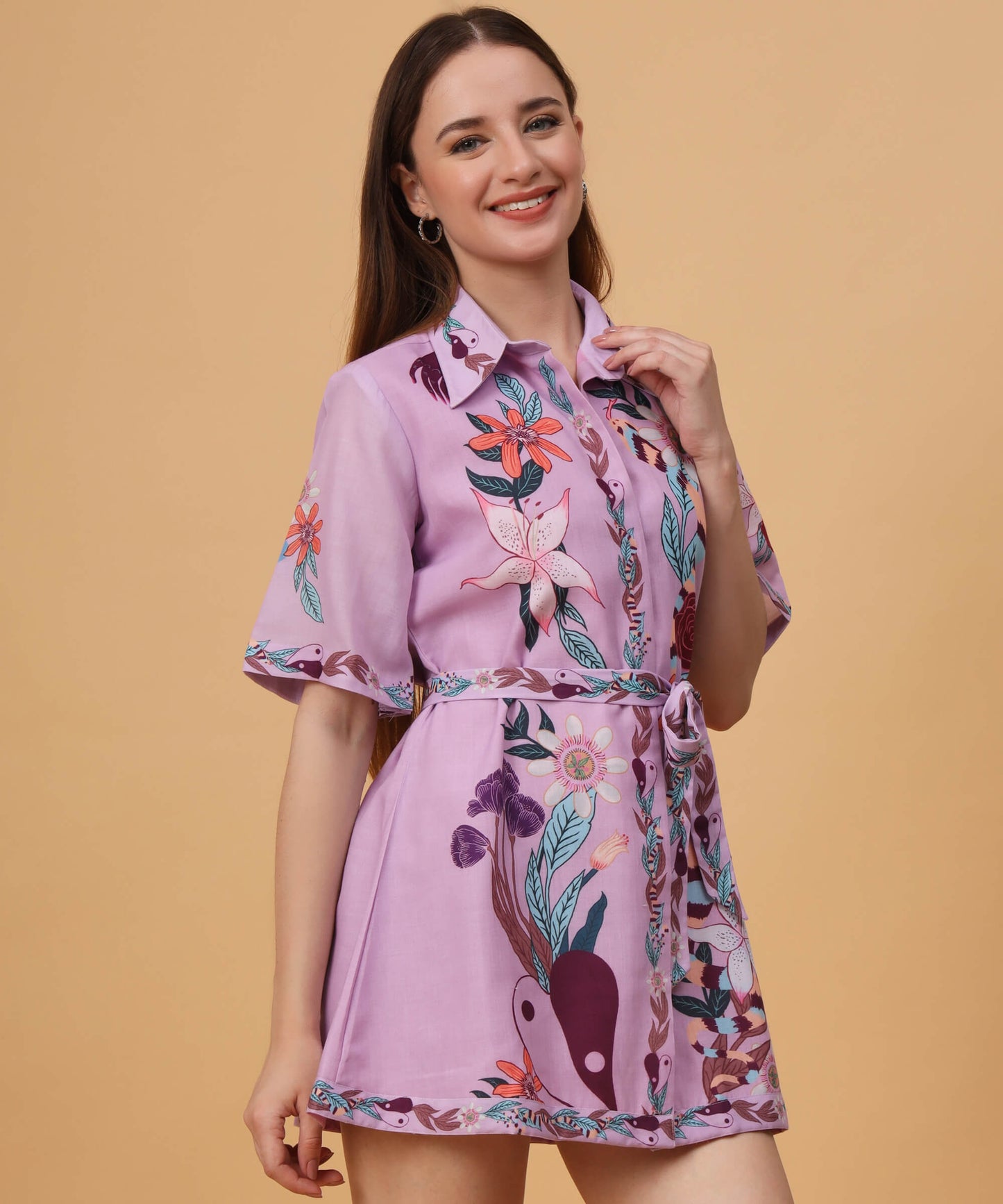 Purple flower covered shirt dress