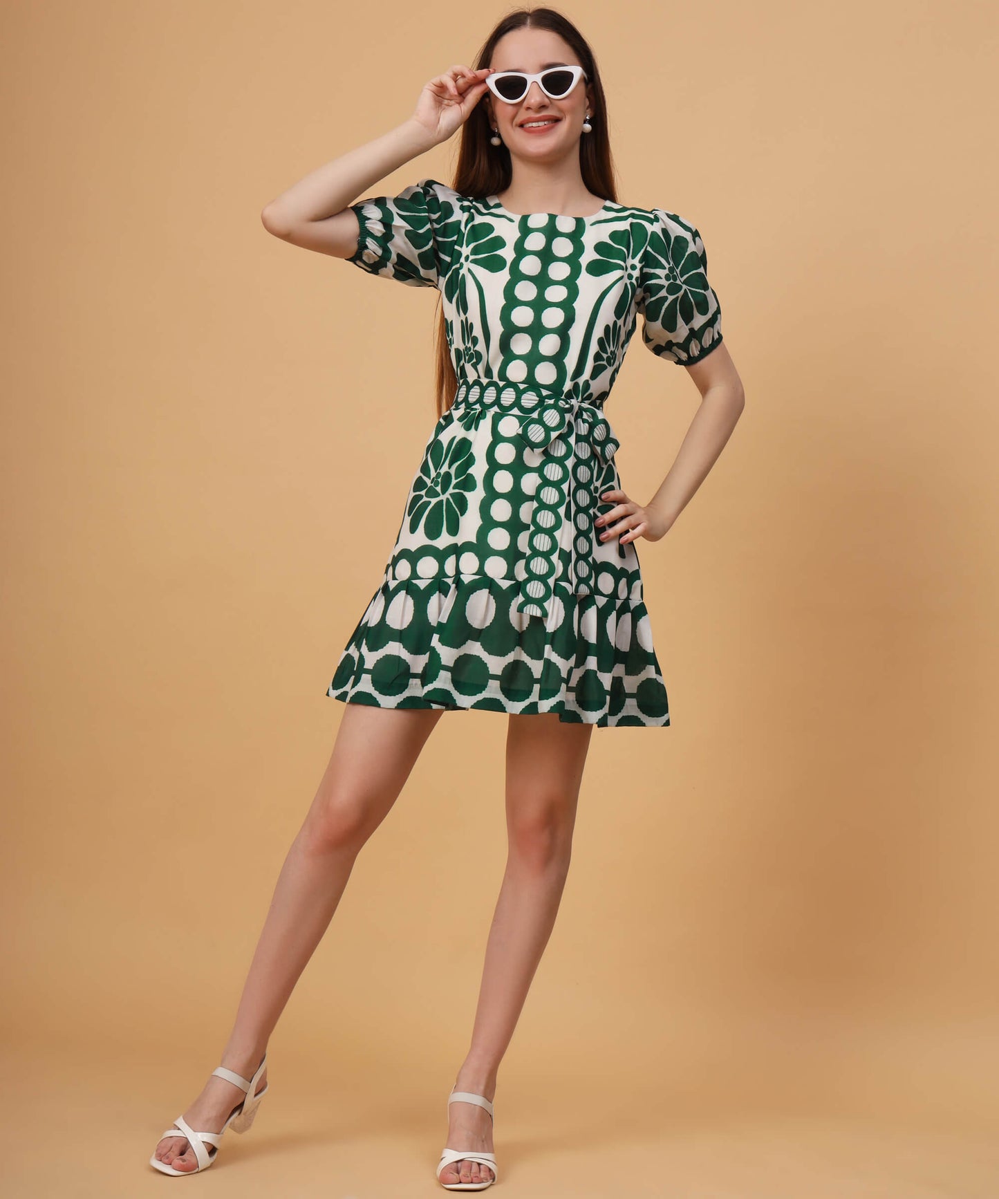 Dark green palm puff sleeves mini dress