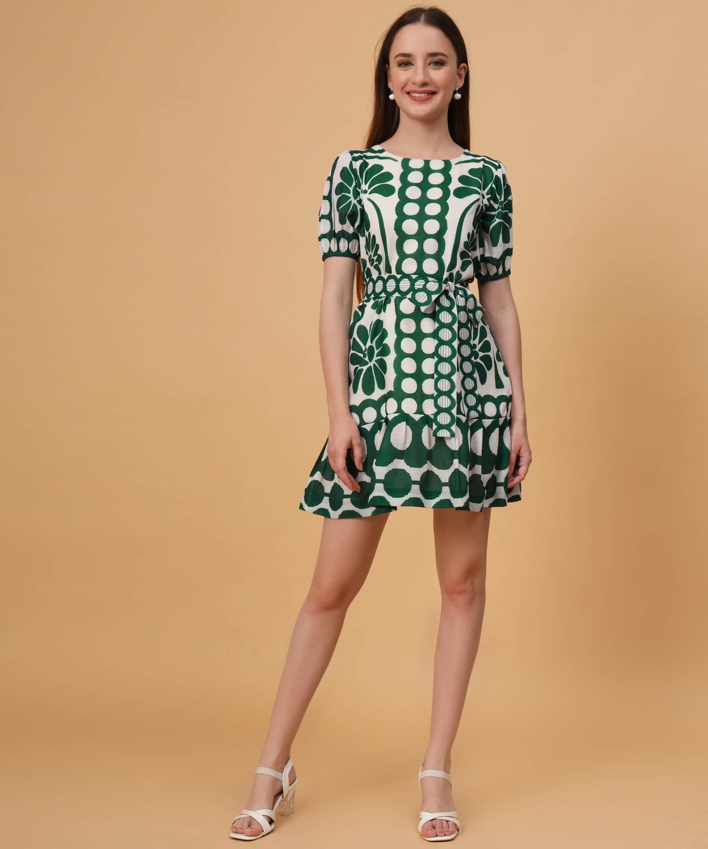 Dark green palm puff sleeves mini dress