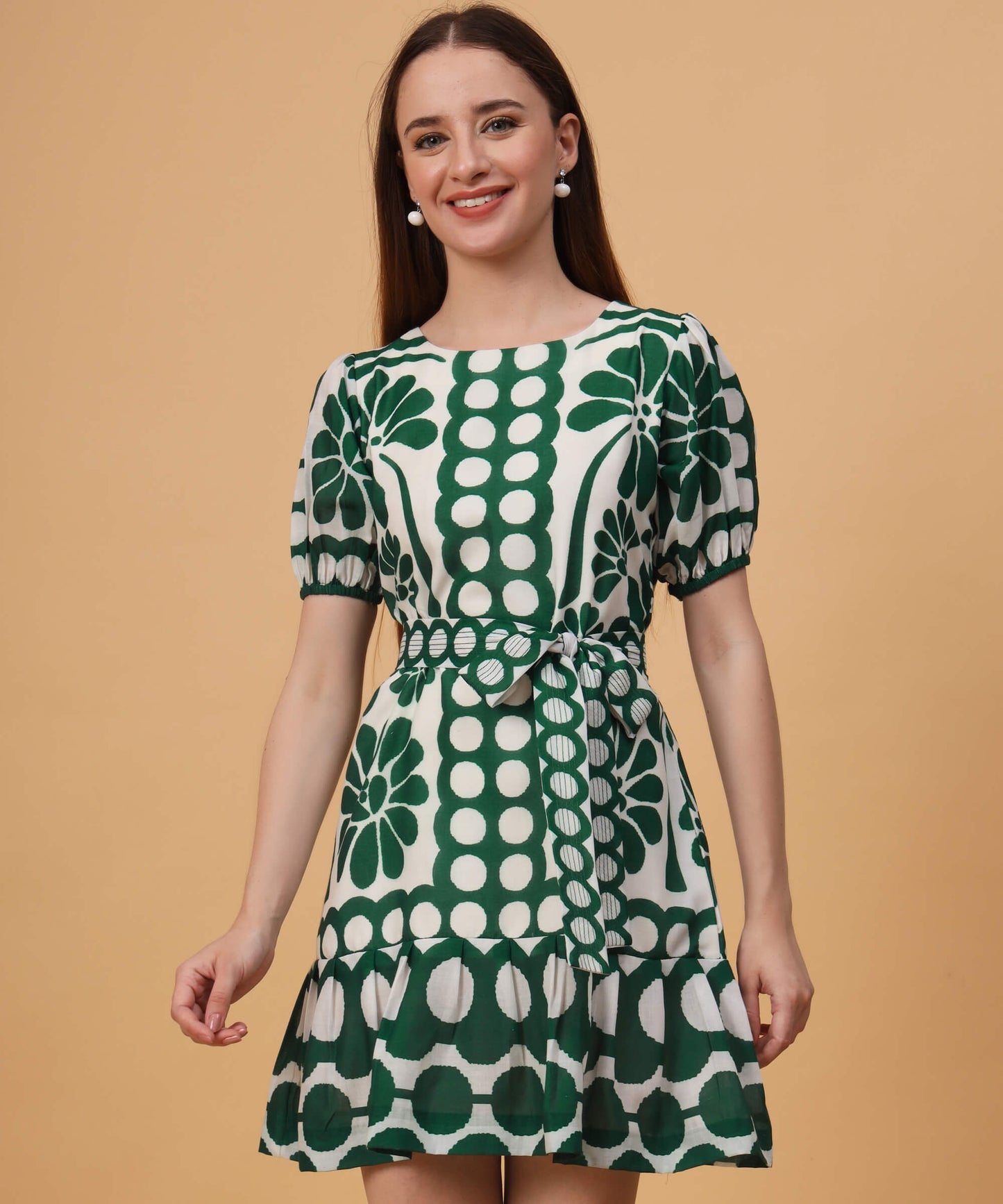 Dark green palm puff sleeves mini dress