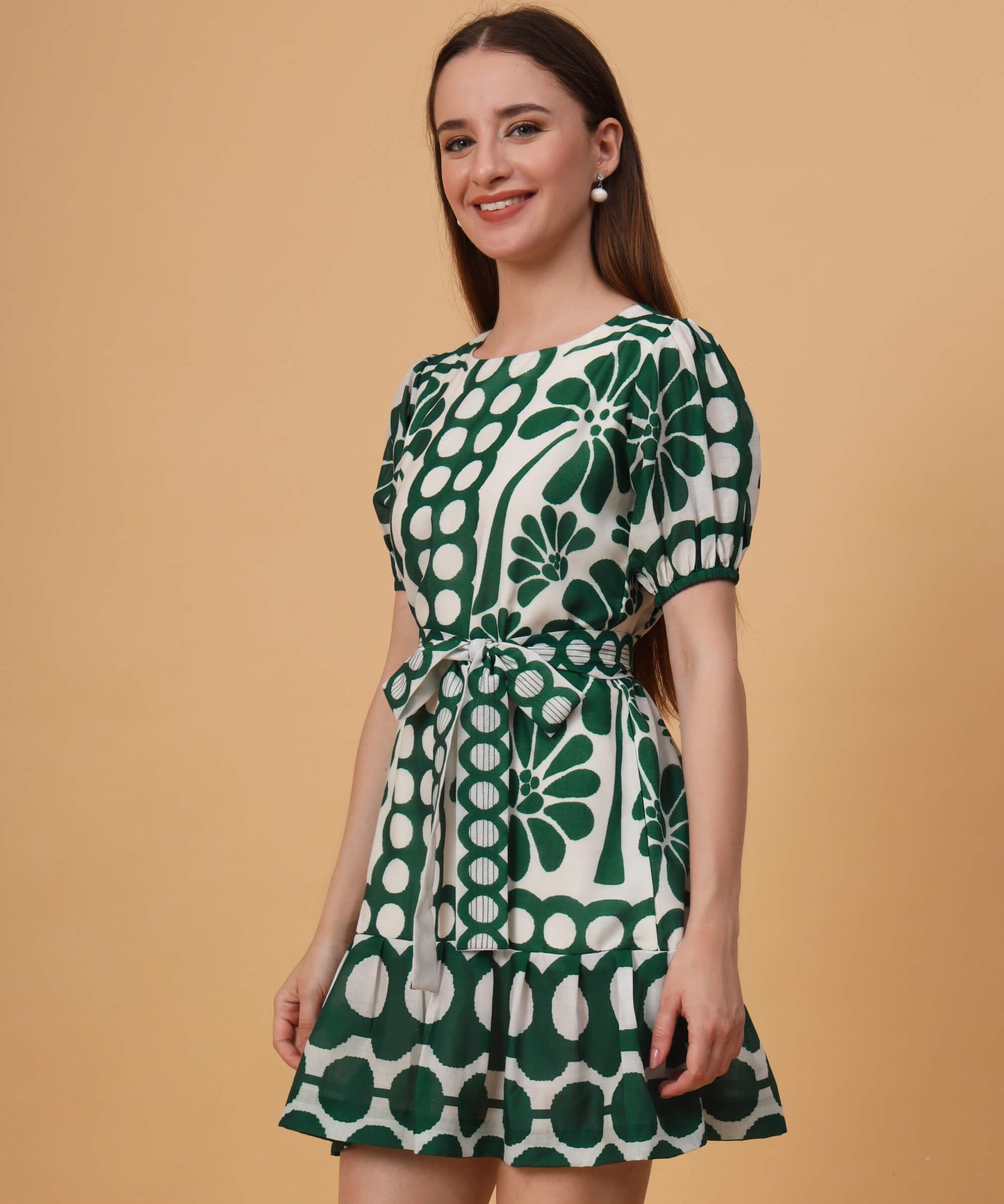 Dark green palm puff sleeves mini dress