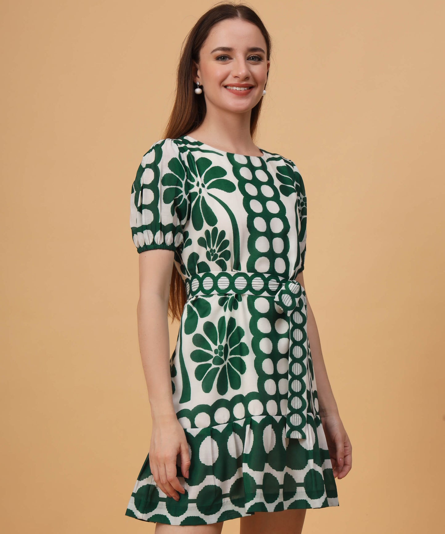 Dark green palm puff sleeves mini dress