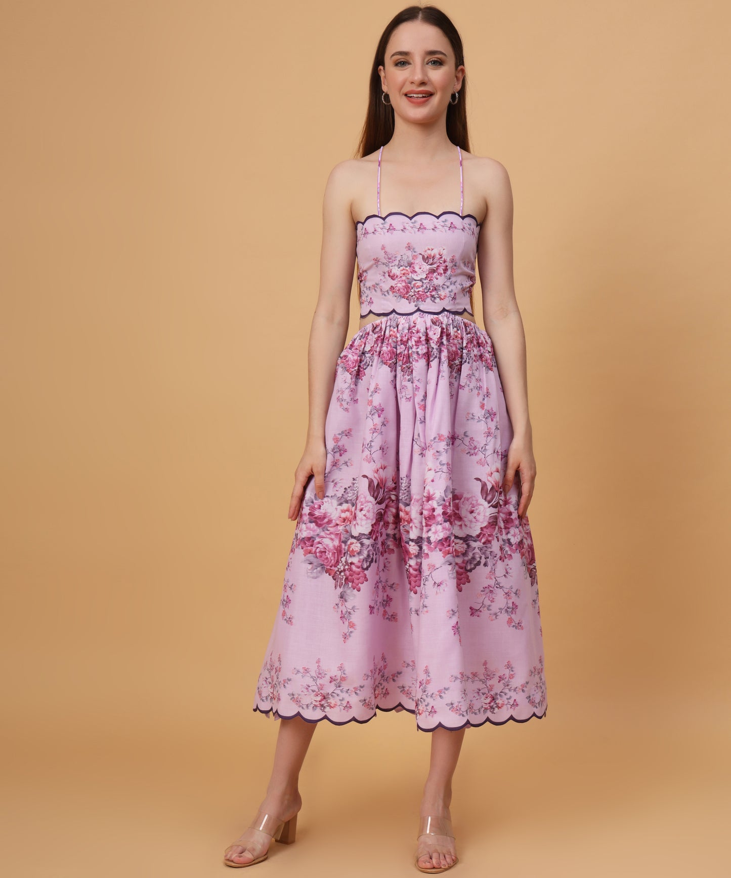 Halter neck pink floral midi dress