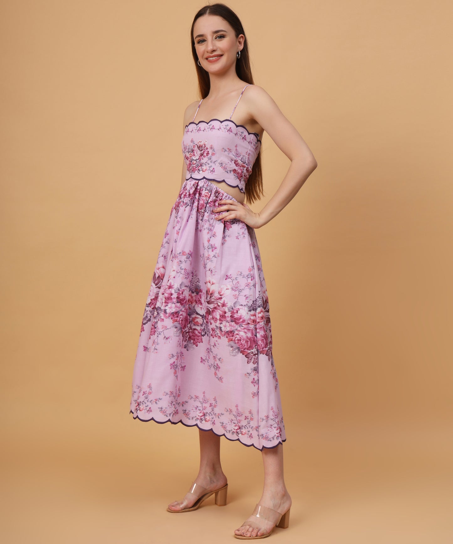 Halter neck pink floral midi dress