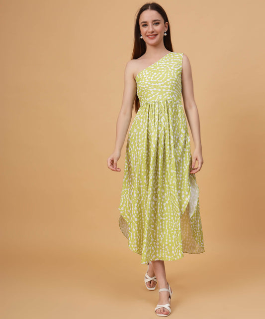 Lime dotted one- shoulder dress